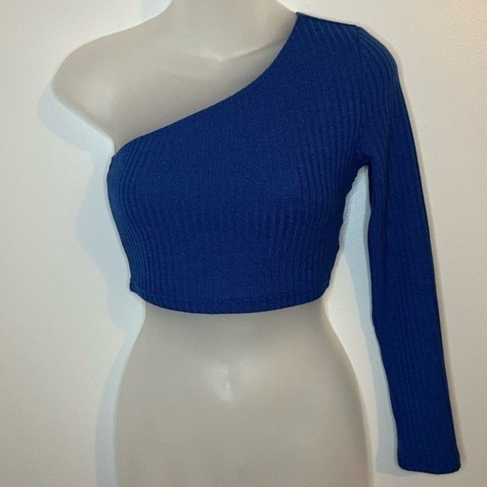 SHEIN EZwear Ribbed One-Shoulder Crop Top Blue Size Small